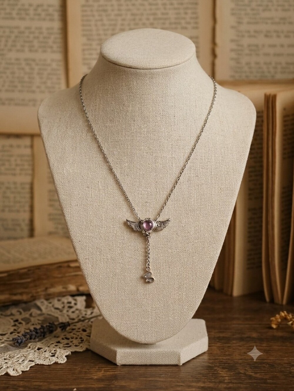Angel Wing Pink Heart Necklace • Coquette Fairycore • Dainty Silver Jewelry